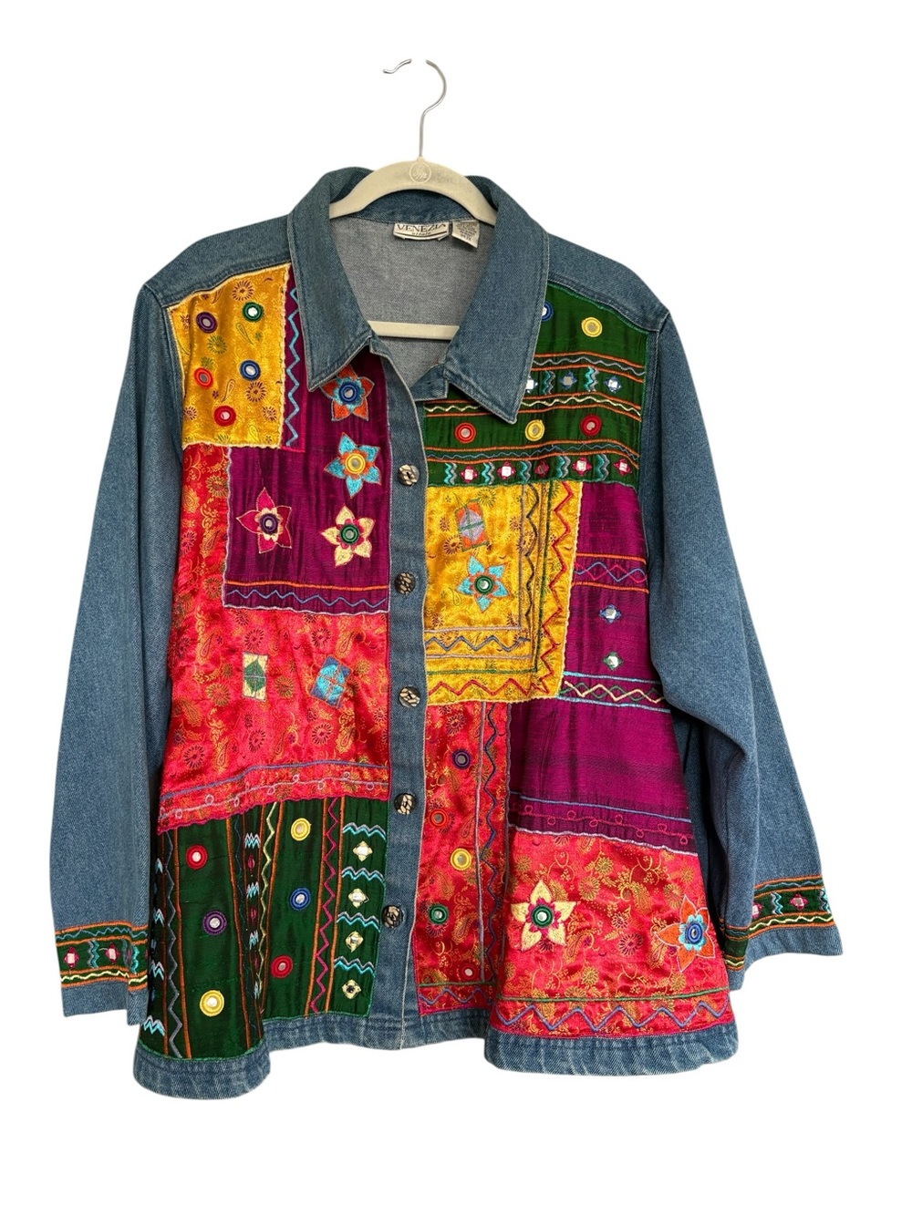 Vintage Venezia Vitale Patchwork Denim Jacket 2X Cotton Silk Boho Festival